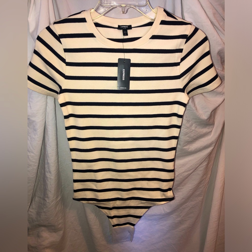Express Ribbed Crew Neck Short Sleeve Bodysuit-Cream & Blue Striped-Small